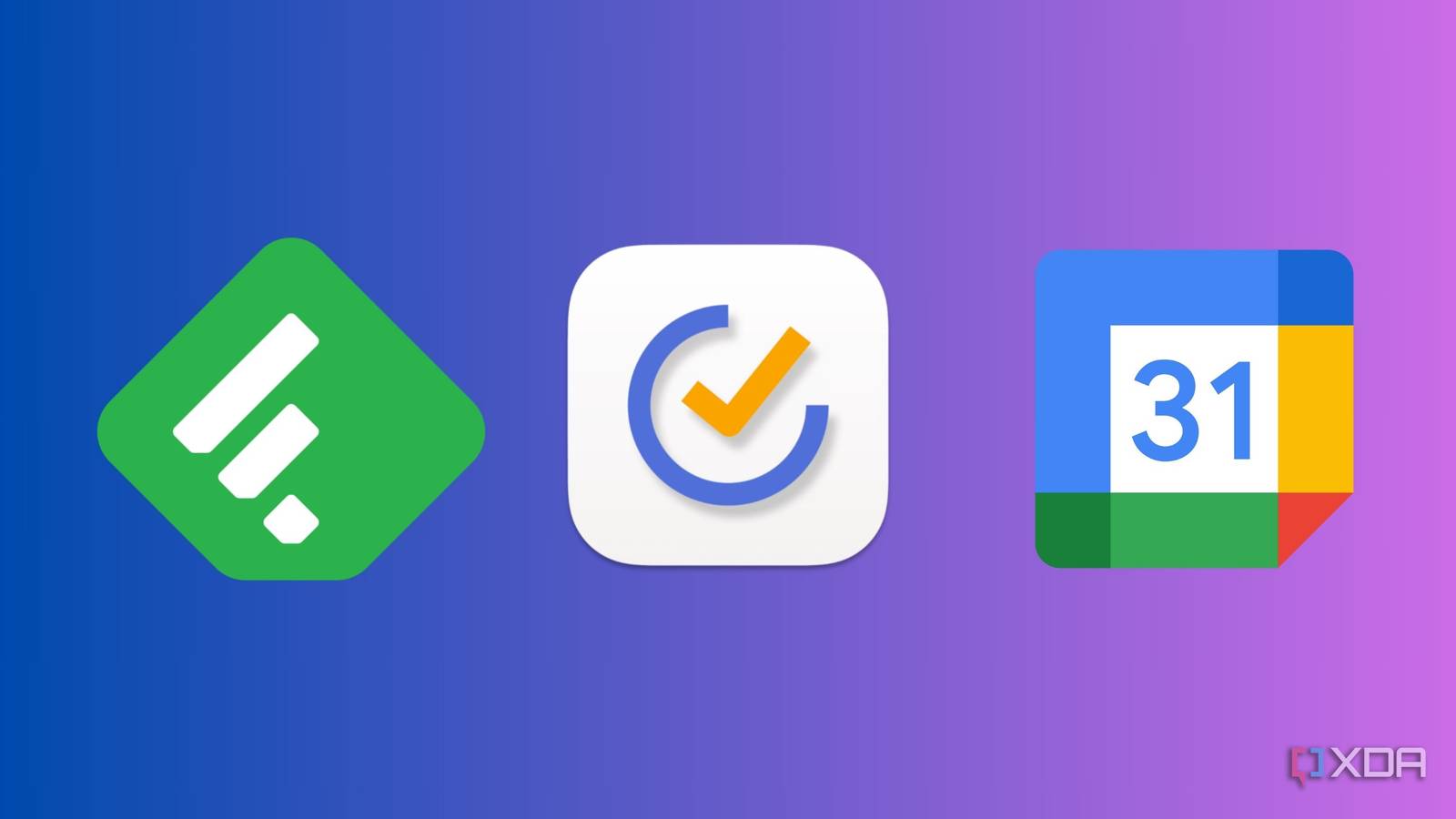 Feedly, TickTick, and Google Calendar logos with a gradient background