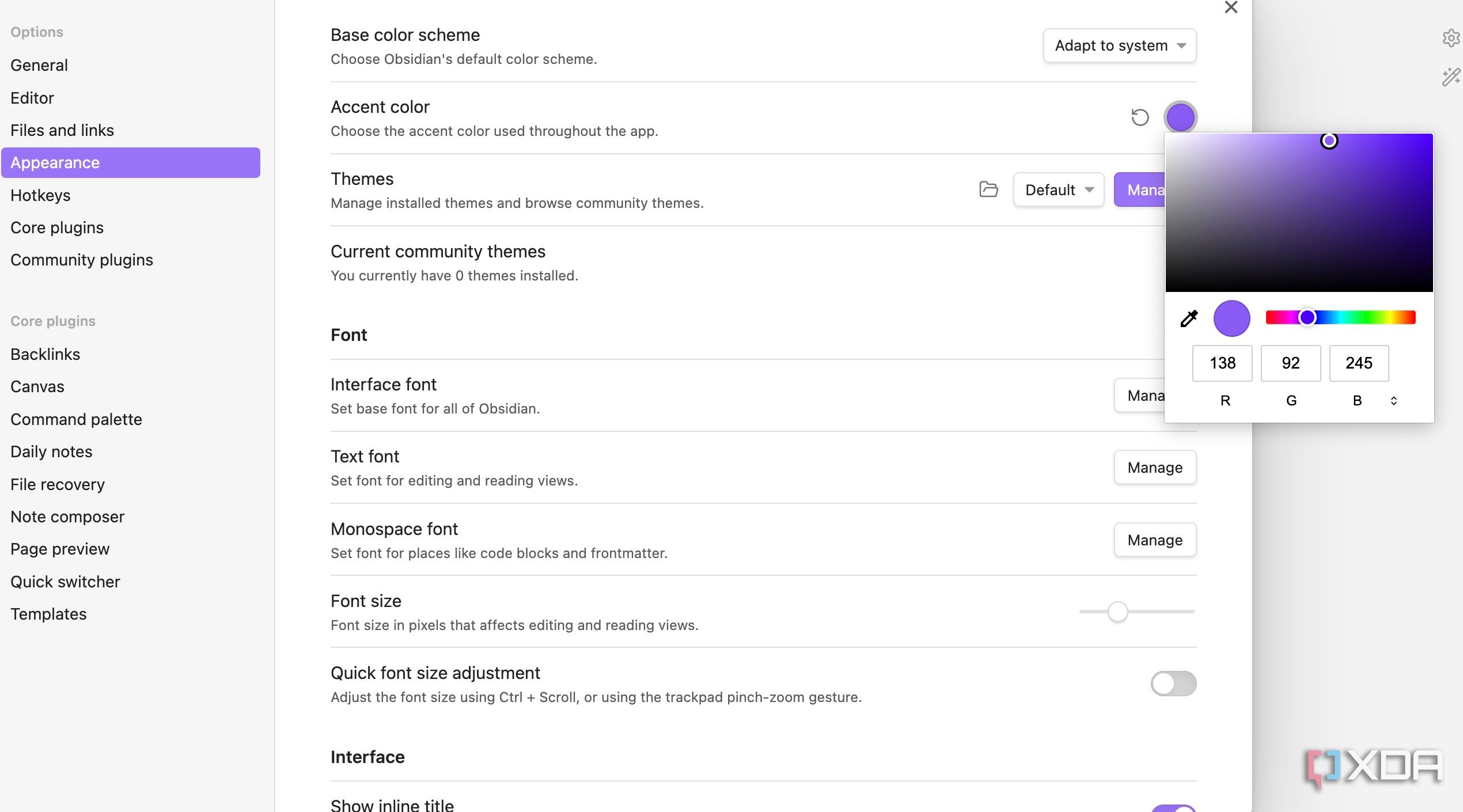 A screenshot showing Obsidian theme options