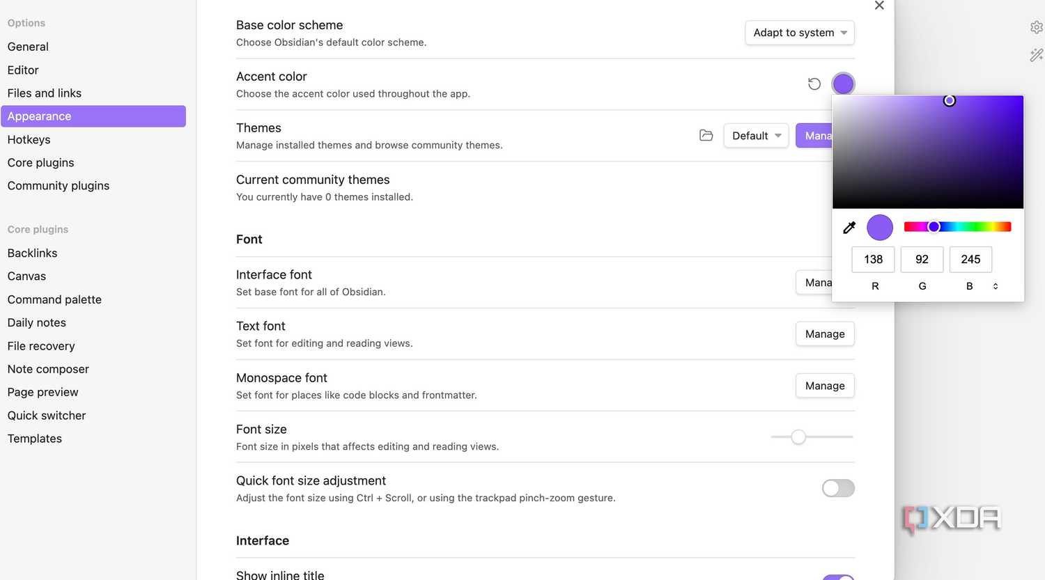 A screenshot showing Obsidian theme options
