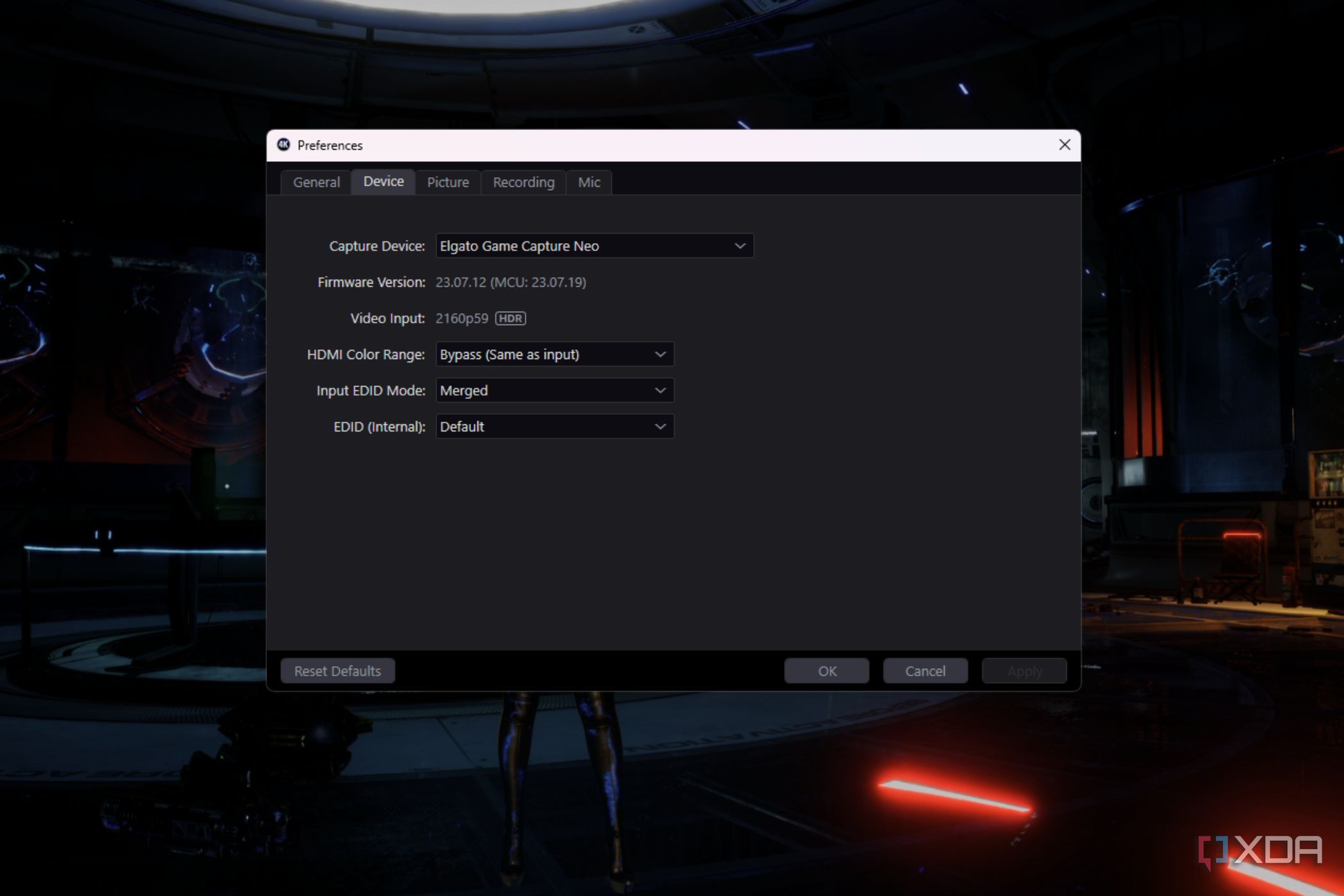 A screenshot showing the device settings within the Elgato Capture Utility.