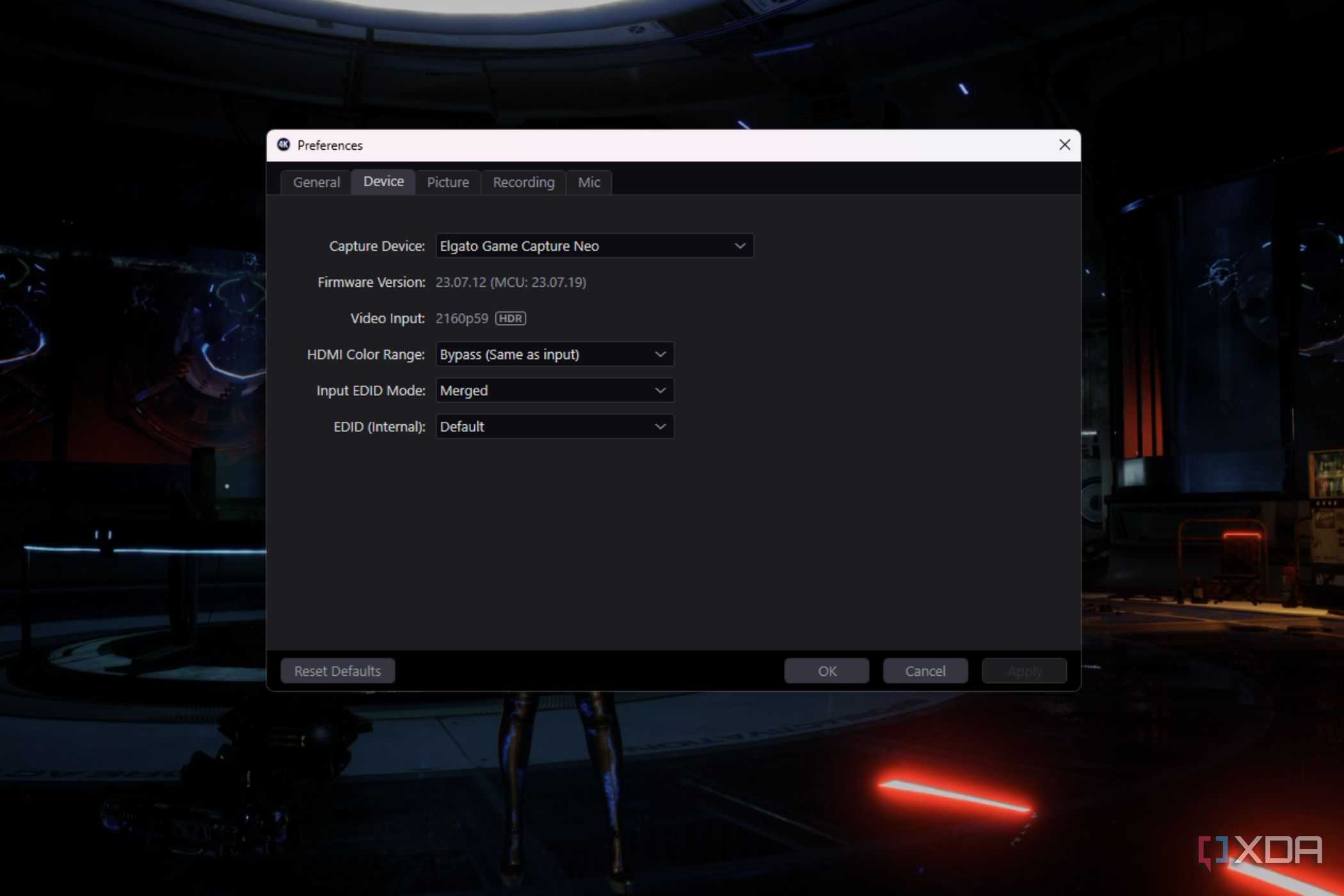 A screenshot showing the device settings within the Elgato Capture Utility.