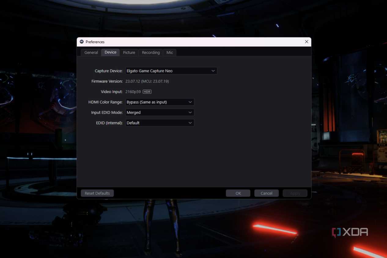 A screenshot showing the device settings within the Elgato Capture Utility.