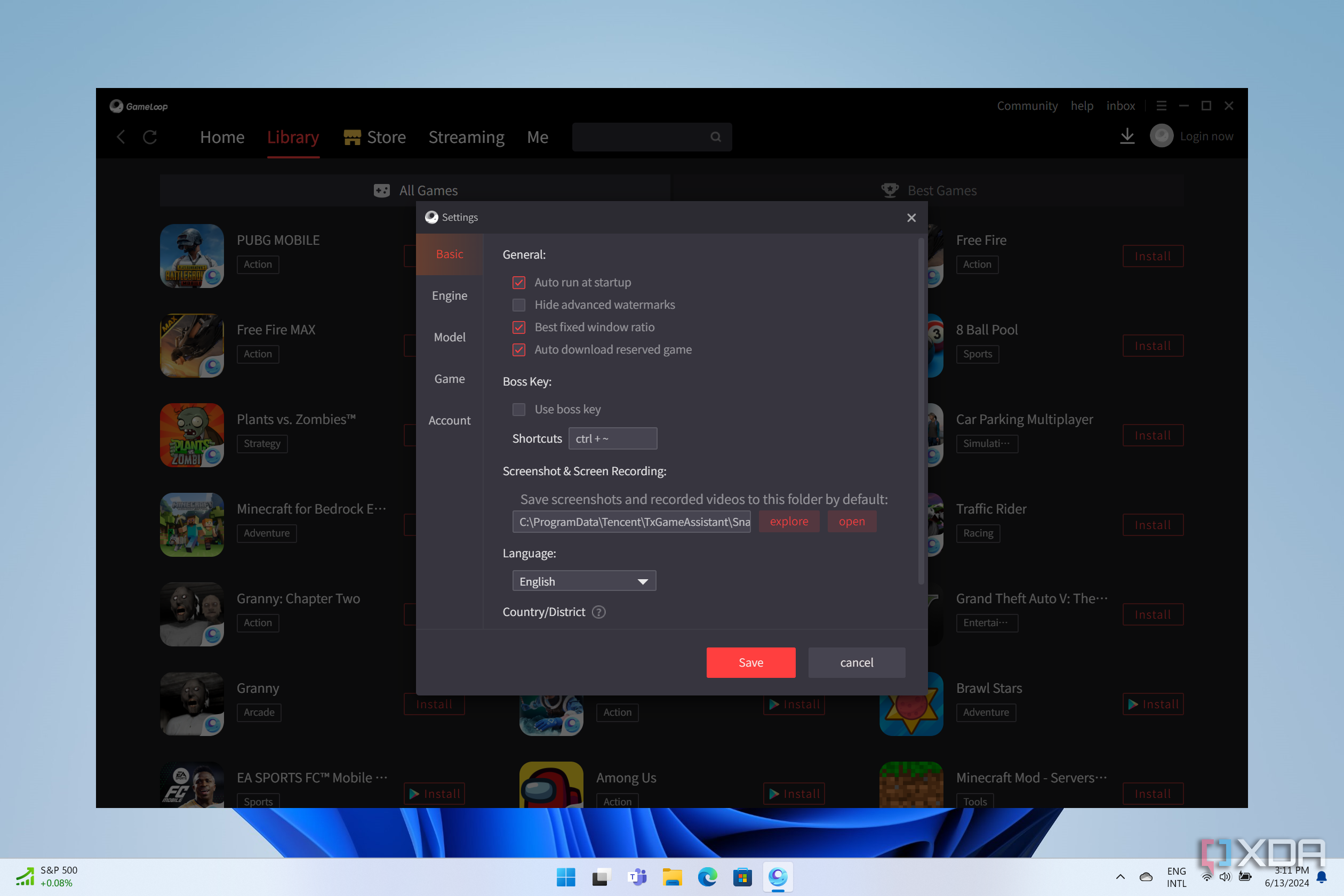 Screenshot of the Gameloop settings