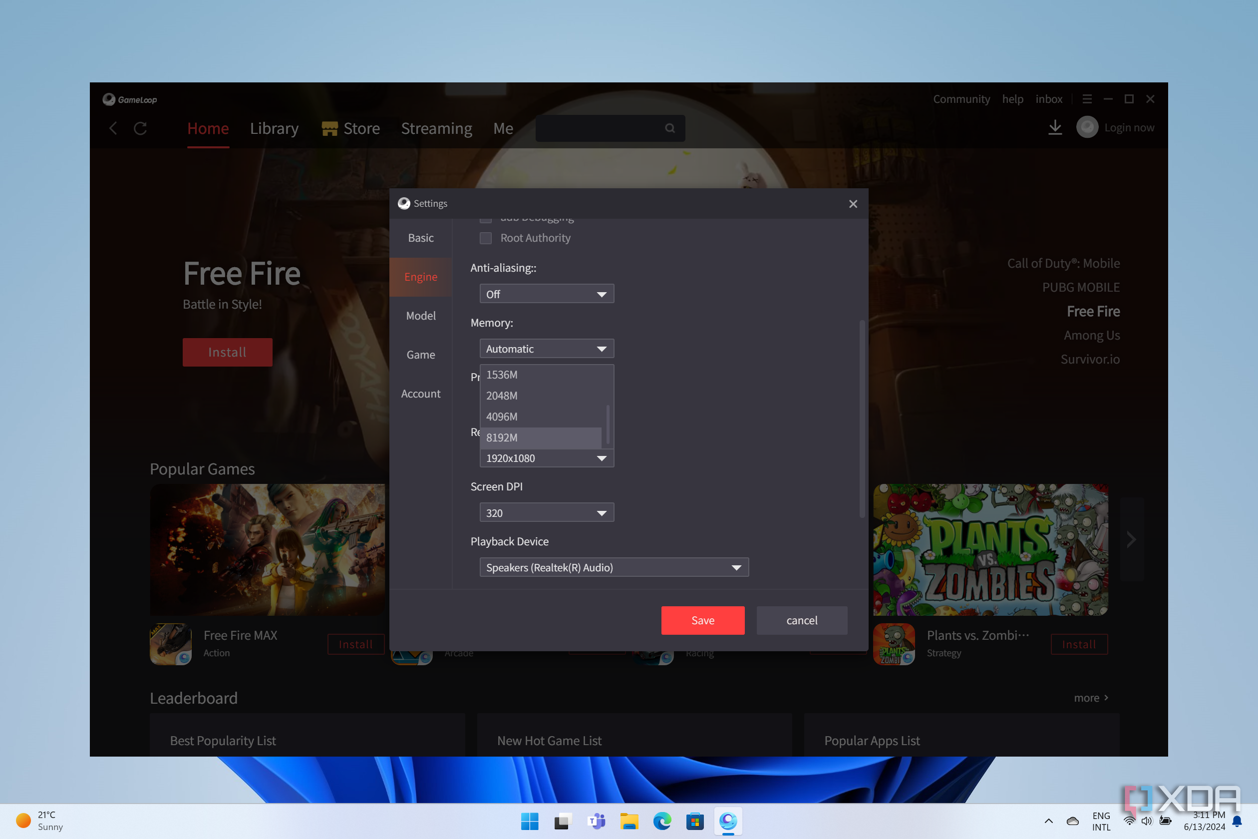 Screenshot of the Gameloop settings for performance