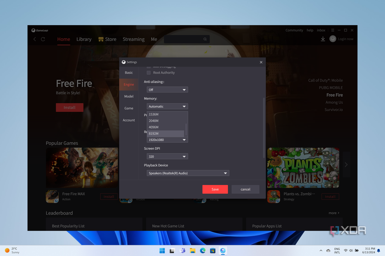 Screenshot of the Gameloop settings for performance