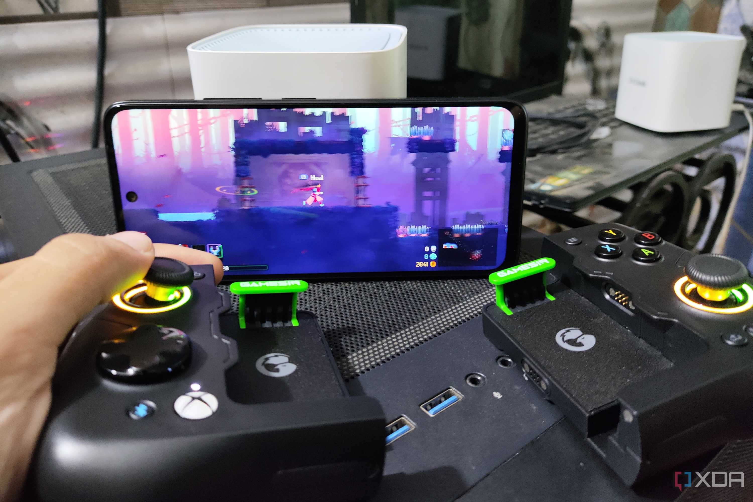 Dead Cells (Android) running on a Poco M6 Pro, with the phone paired to a GameSir X4 Aileron controller