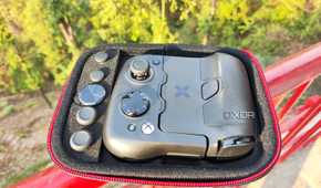 An image of the GameSir X4 Aileron case, with the controller and spare buttons neatly arranged