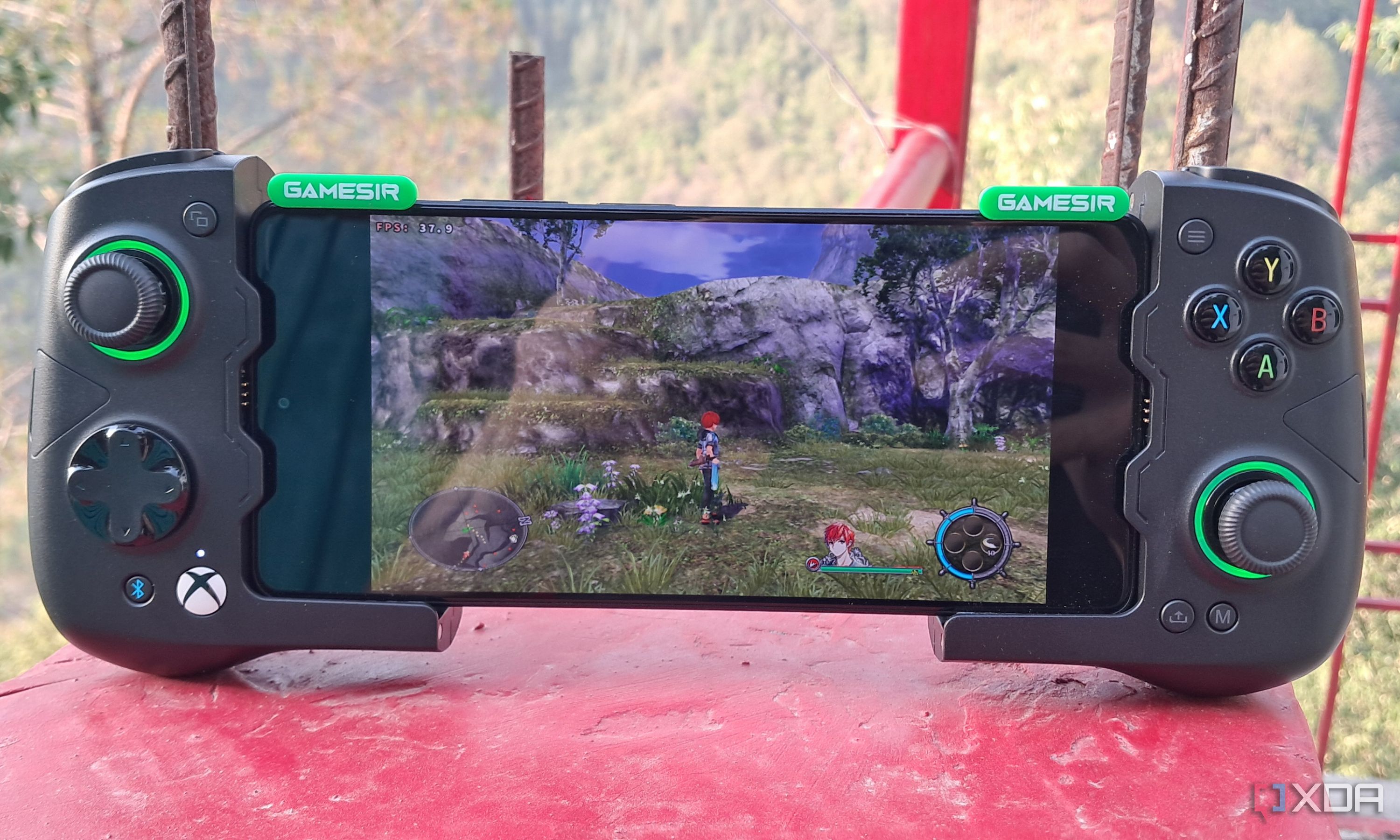 Ys VIII running on a Poco F5 via Winlator, with the phone connected to a GameSir X4 Aileron controller