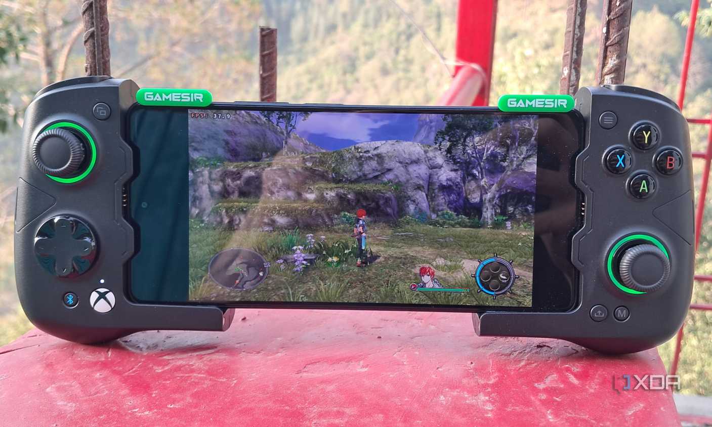 Ys VIII running on a Poco F5 via Winlator, with the phone connected to a GameSir X4 Aileron controller