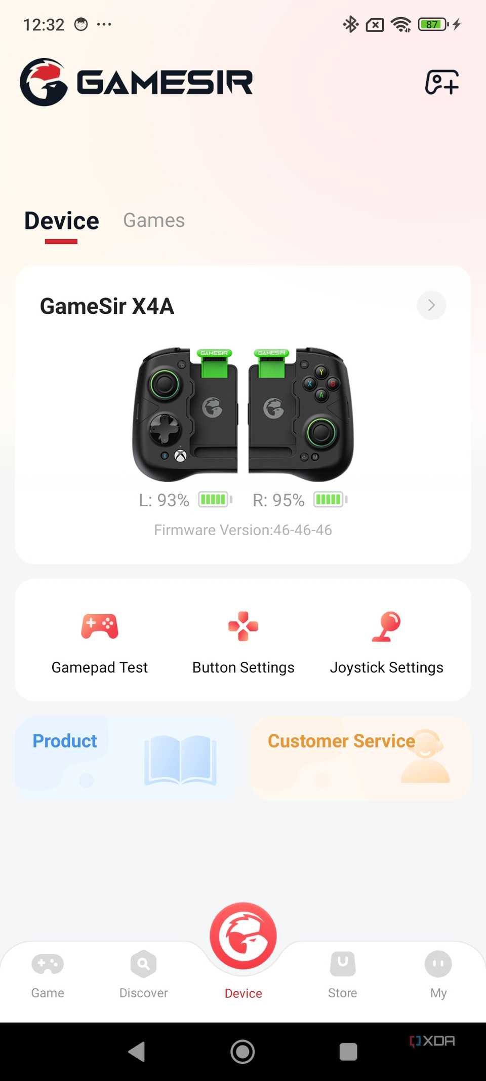 A screenshot of the GameSir X4 Aileron mobile app displaying the battery status of the controller