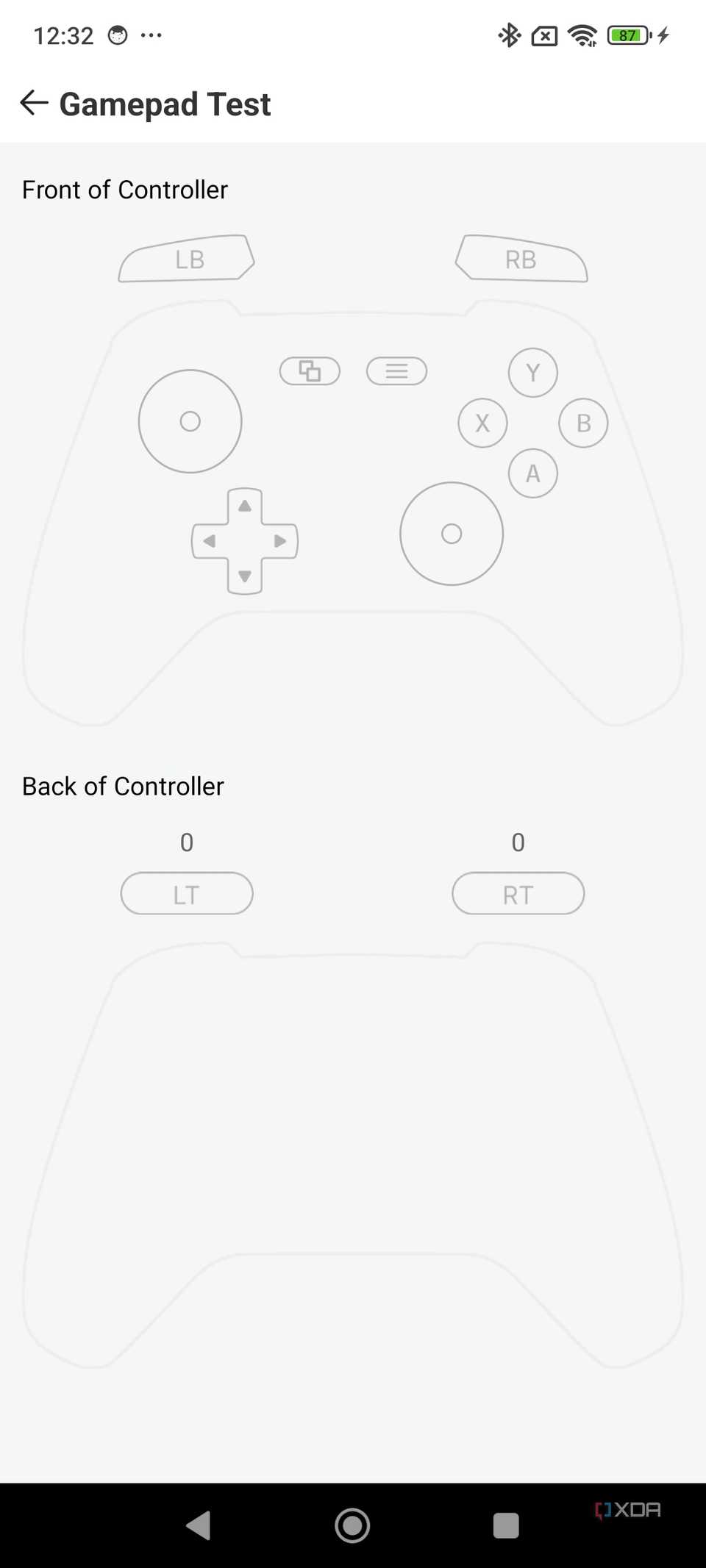 A screenshot of the GameSir X4 Aileron mobile app displaying the gamepad test facility