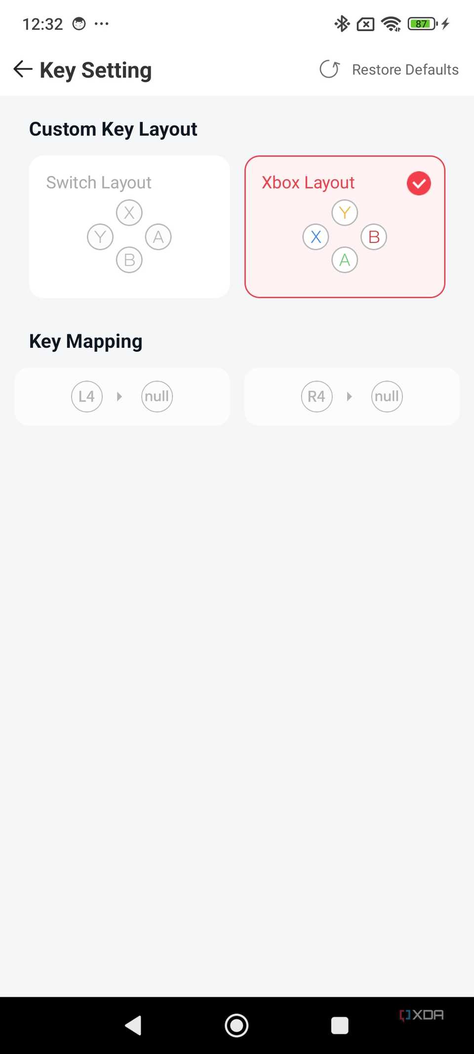A screenshot of the GameSir X4 Aileron mobile app displaying the key mapping feature