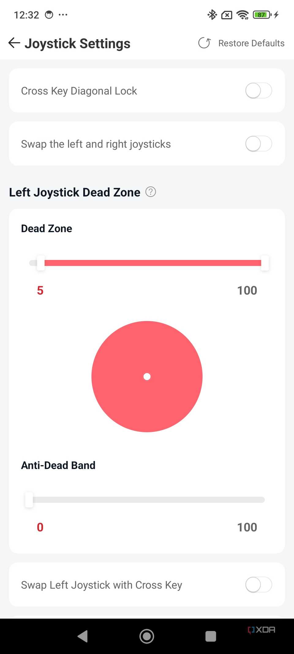 A screenshot of the GameSir X4 Aileron mobile app displaying the joystick settings