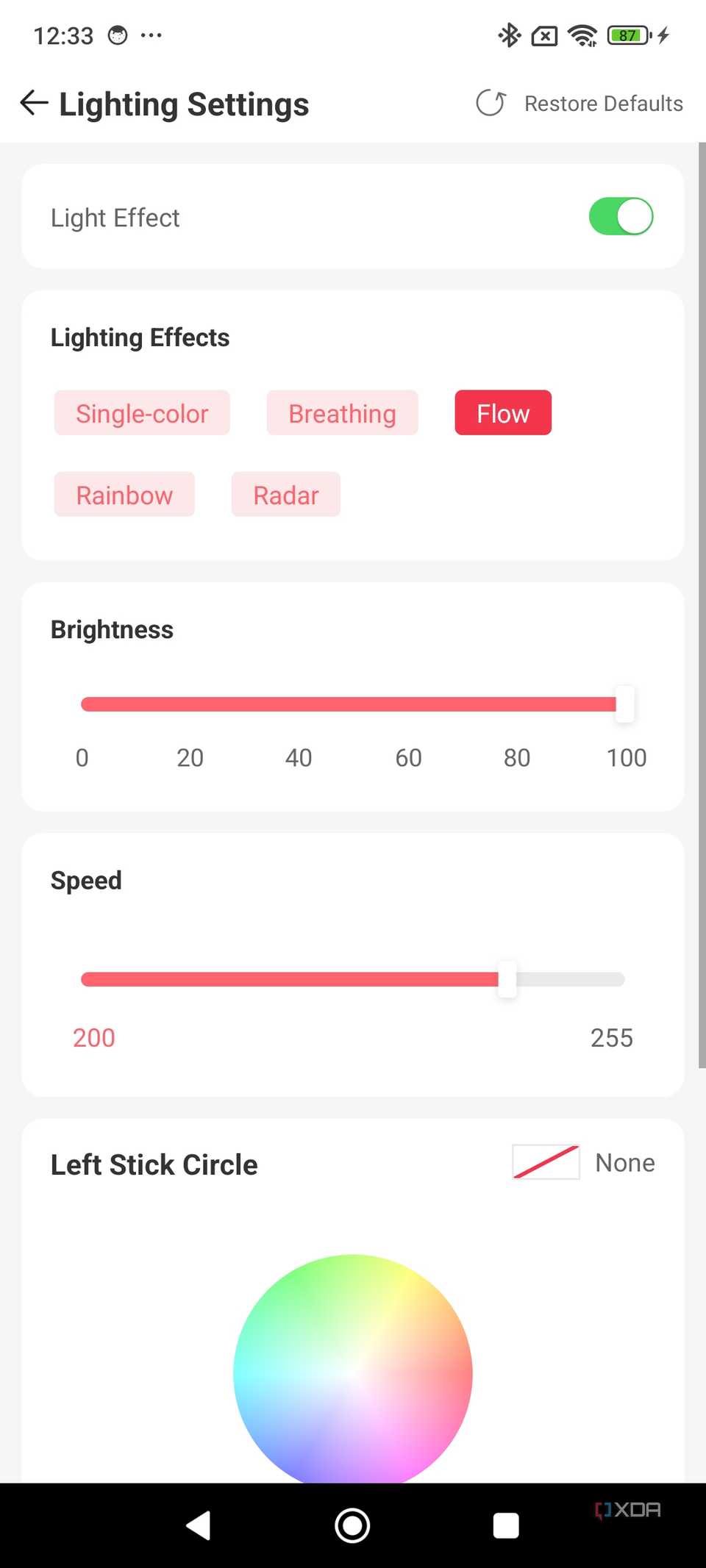 A screenshot of the GameSir X4 Aileron mobile app displaying the lighting settings