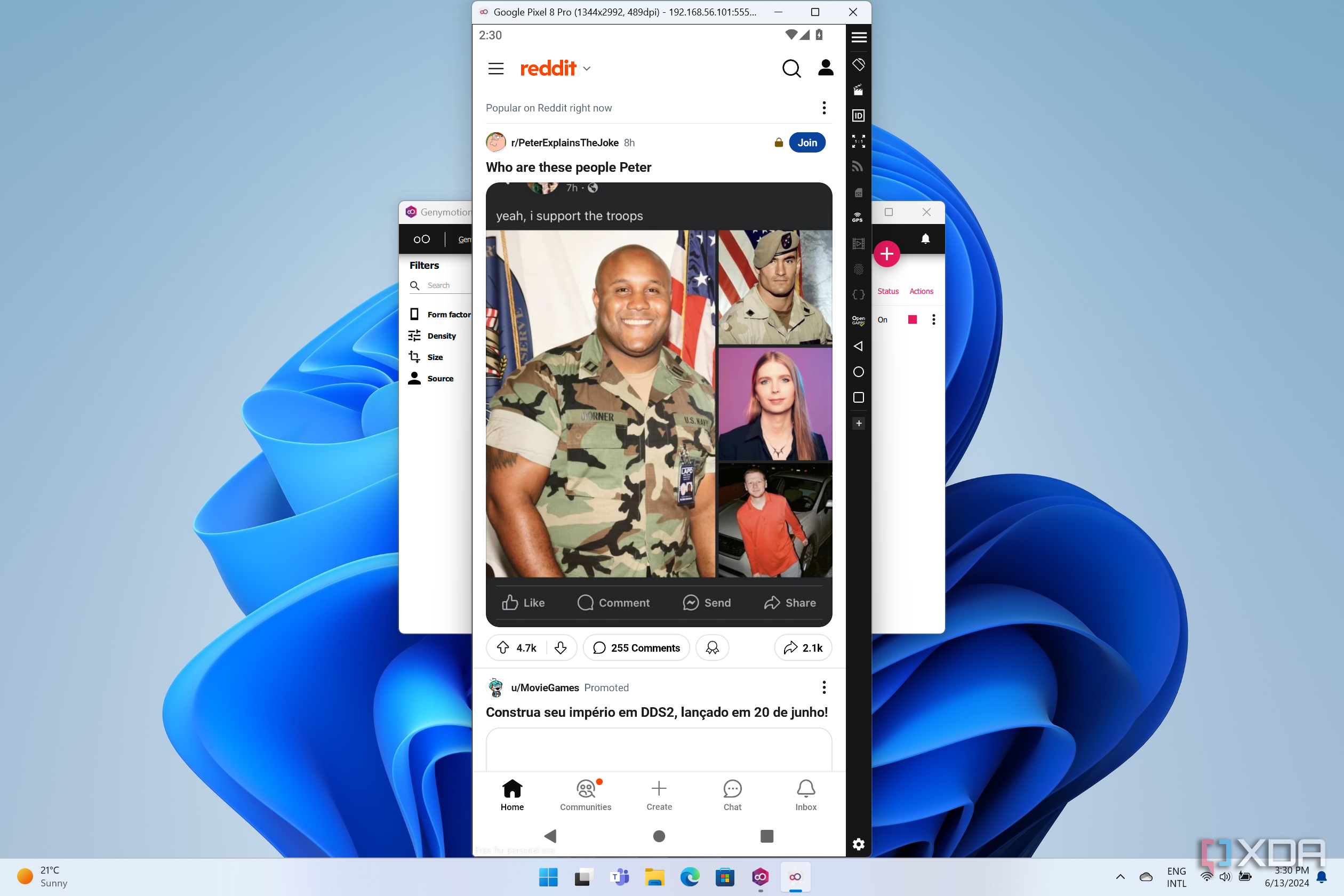 Screenshot of Genymotion emulating a Pixel 8 Pro and showing the Reddit homepage