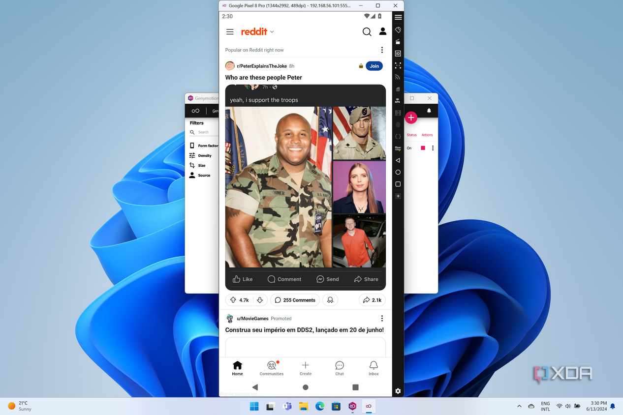 Screenshot of Genymotion emulating a Pixel 8 Pro and showing the Reddit homepage