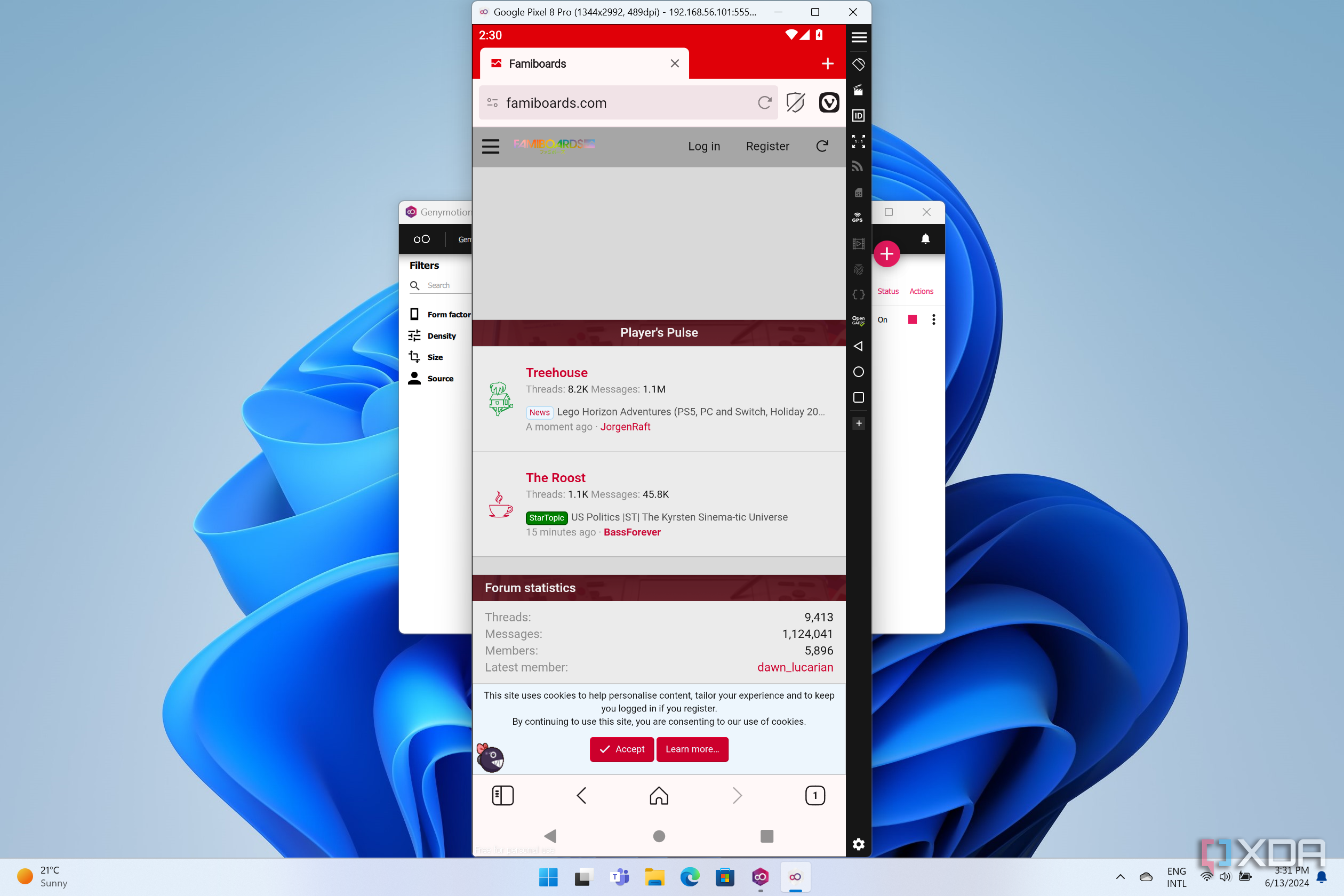 Screenshot of Genymotion emulating a Pixel 8 Pro running Vivaldi browser