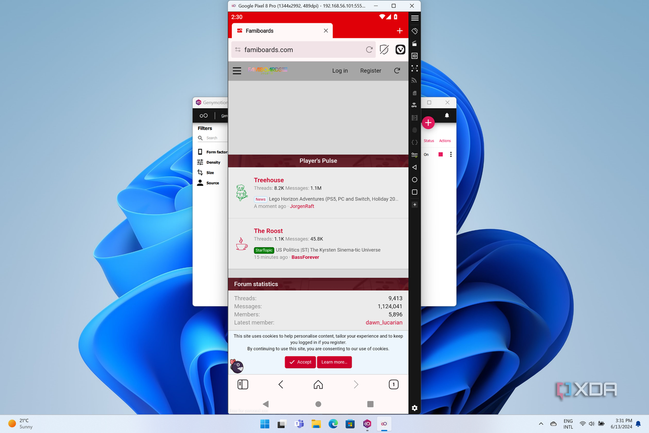 Screenshot of Genymotion emulating a Pixel 8 Pro running Vivaldi browser