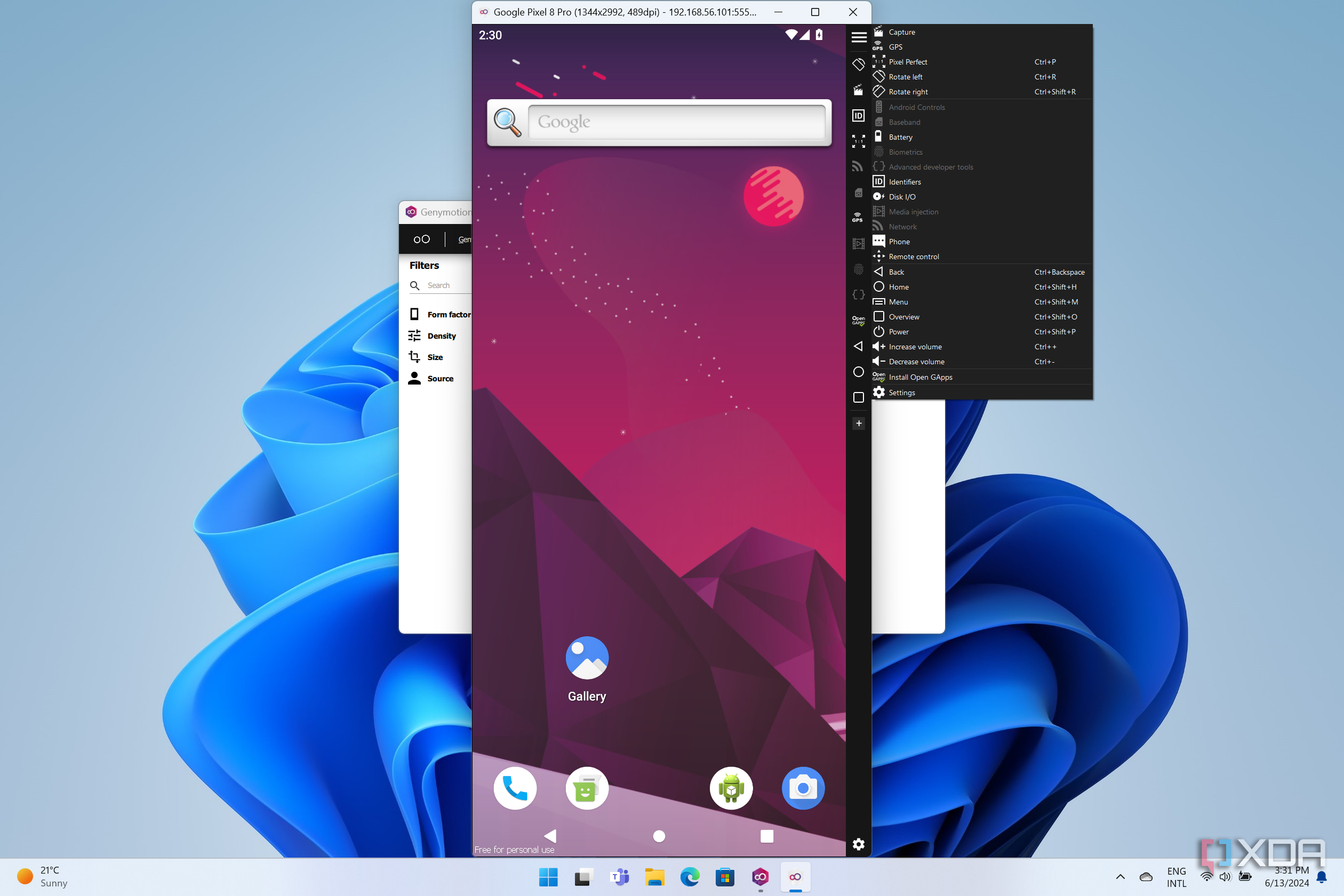Screenshot of Genymorion emulating a Pixel 8 pro and showing additional settings options