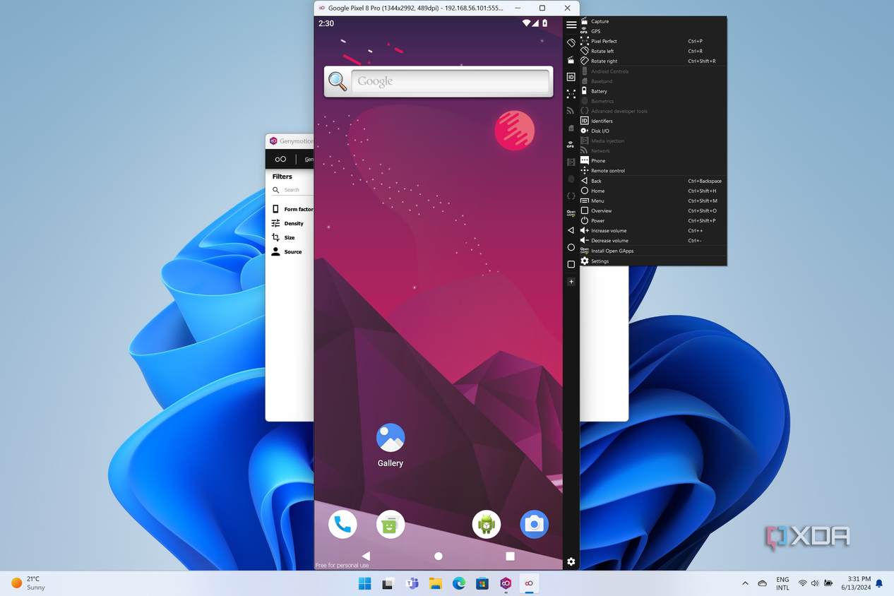 Screenshot of Genymorion emulating a Pixel 8 pro and showing additional settings options