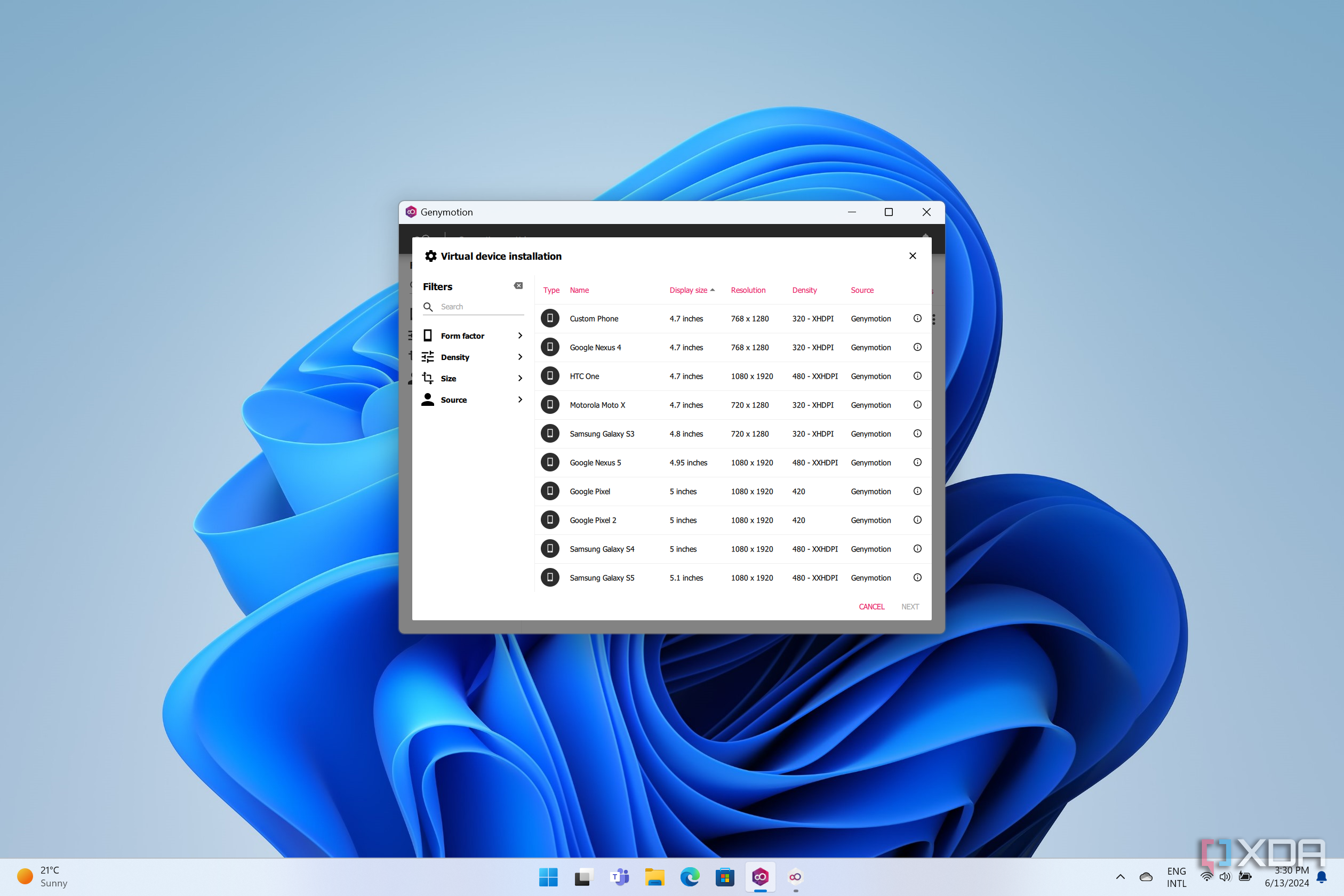 Screenshot of Genymotion showing a list of virtual devices that can be created