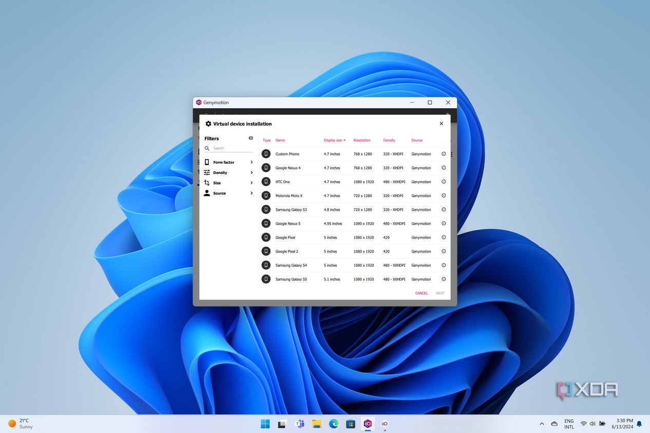 Screenshot of Genymotion showing a list of virtual devices that can be created