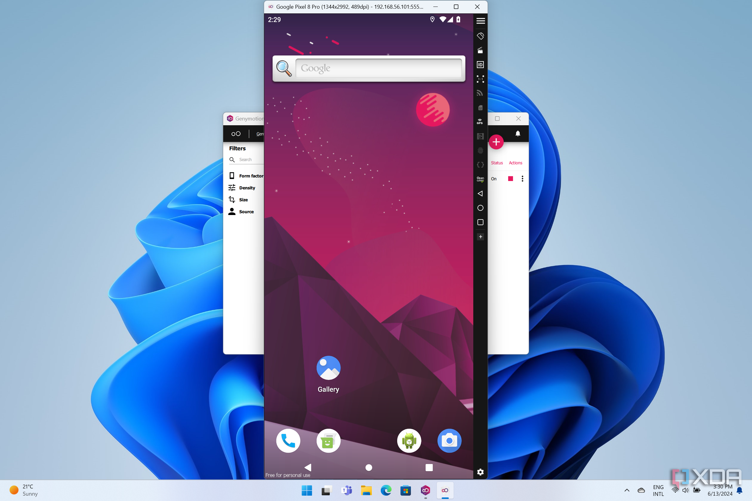 Screenshot of Genymotion emulating a Pixel 8 Pro and showing the homescreen