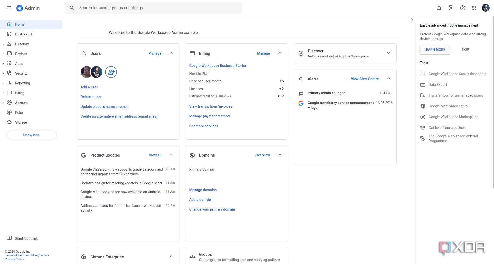 Google Workspace Admin console dashboard