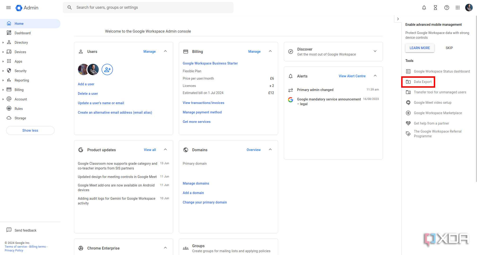 Google Workspace Admin console tools menu
