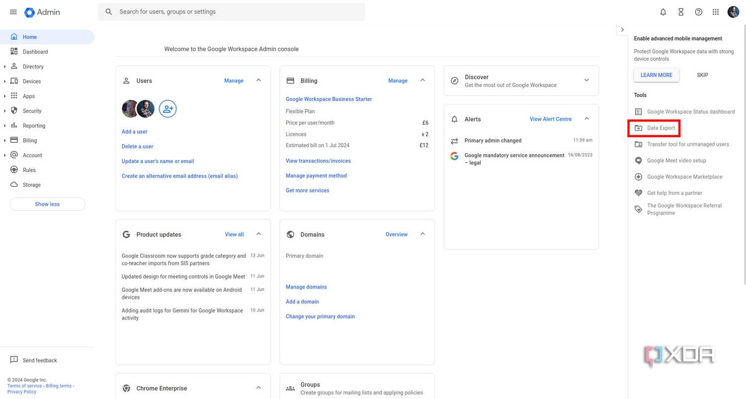 Google Workspace Admin console tools menu