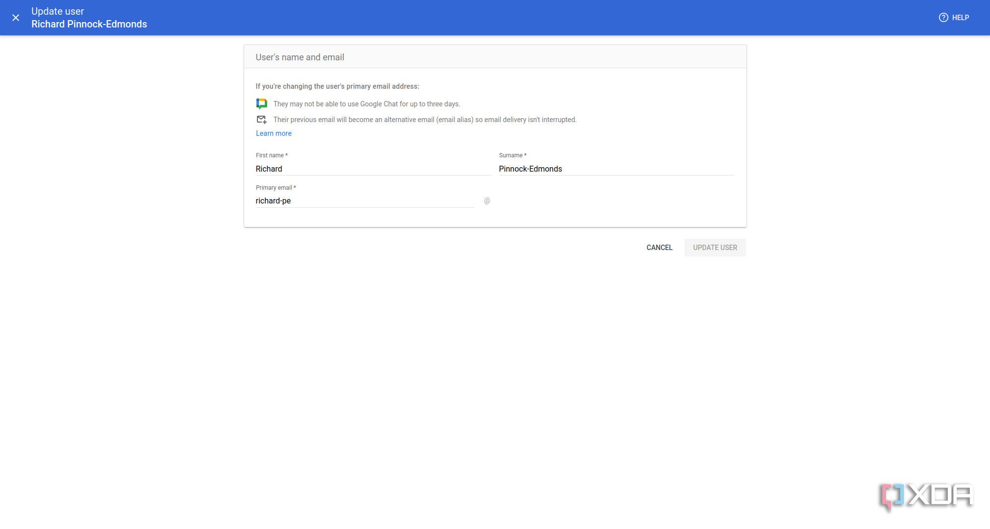 Updating a Google Workspace account name and email