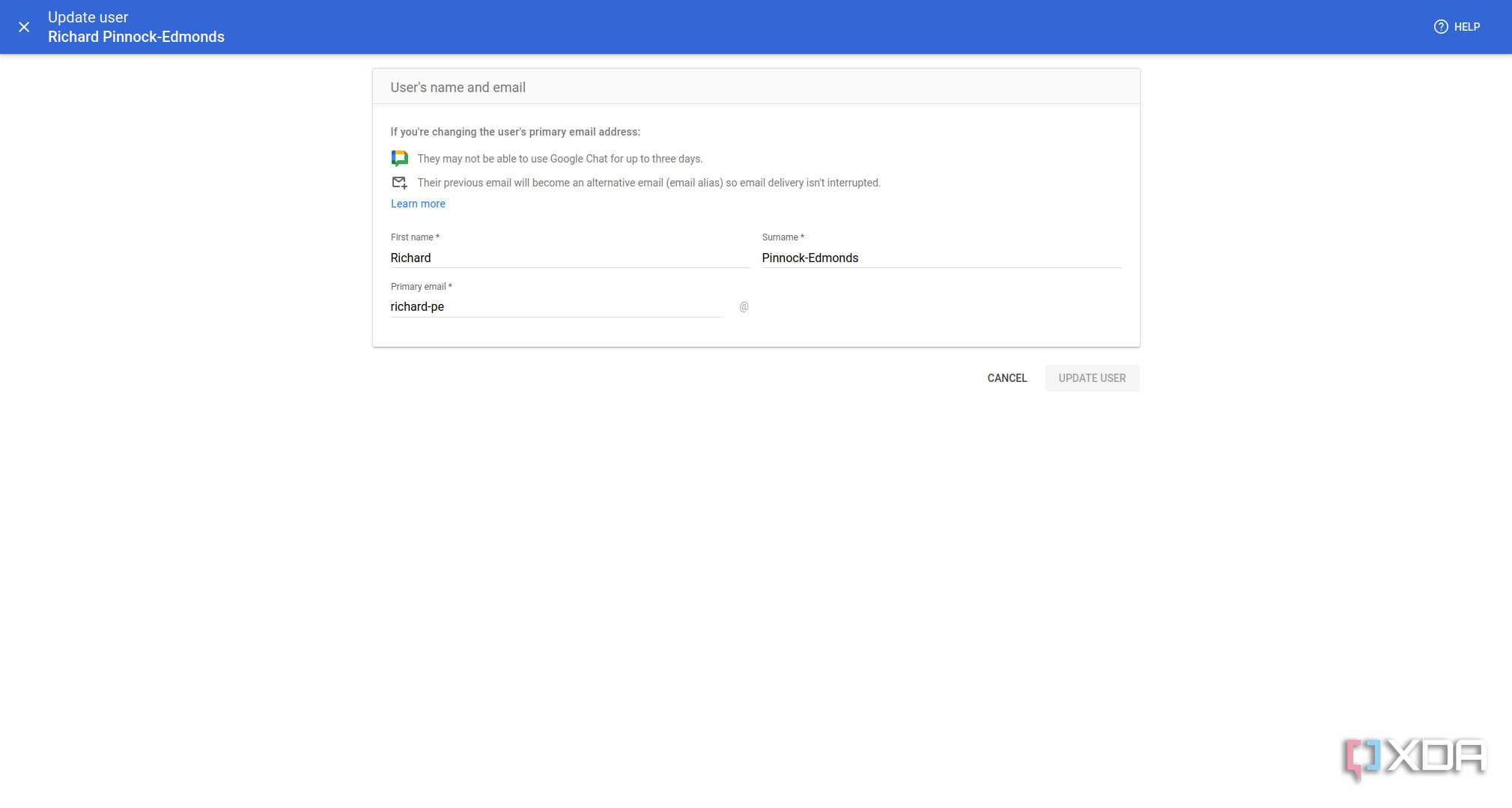 Updating a Google Workspace account name and email