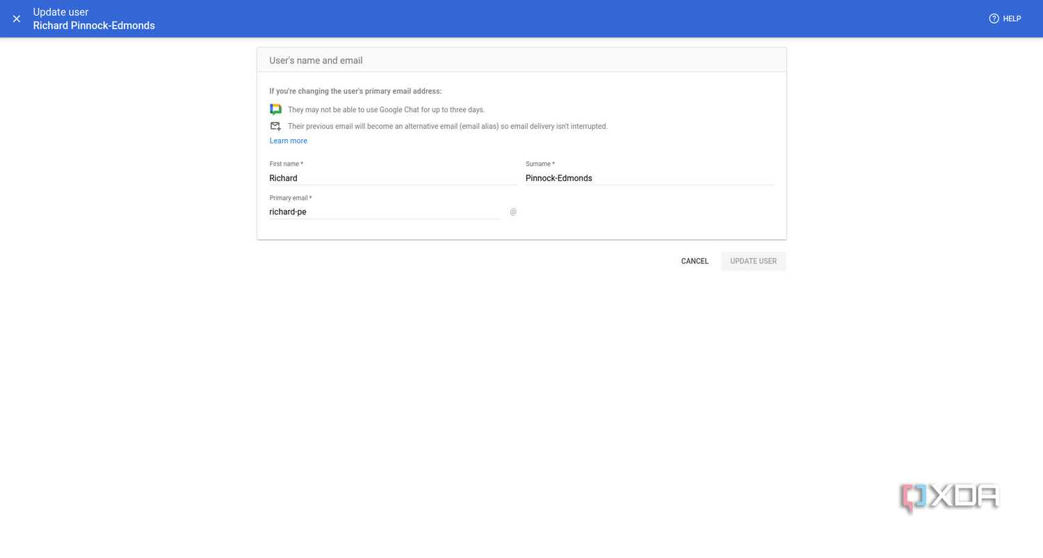 Updating a Google Workspace account name and email