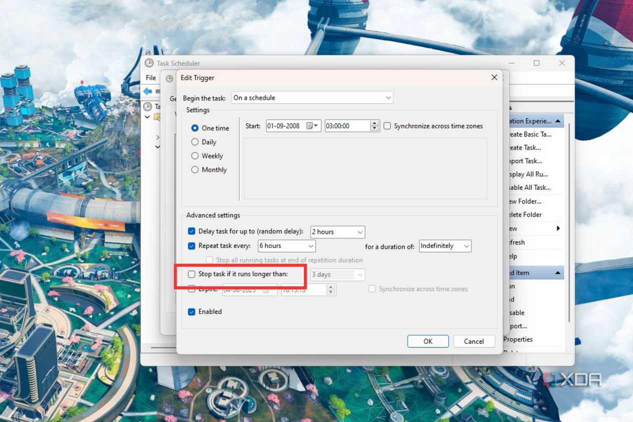 A screenshot showing the highlighted checkbox in Edit trigger in Windows Task Scheduler.