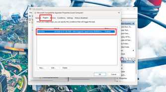 A screenshot showing the highlighted enabled triggers in the Trigger tab in Windows Task Scheduler menu.