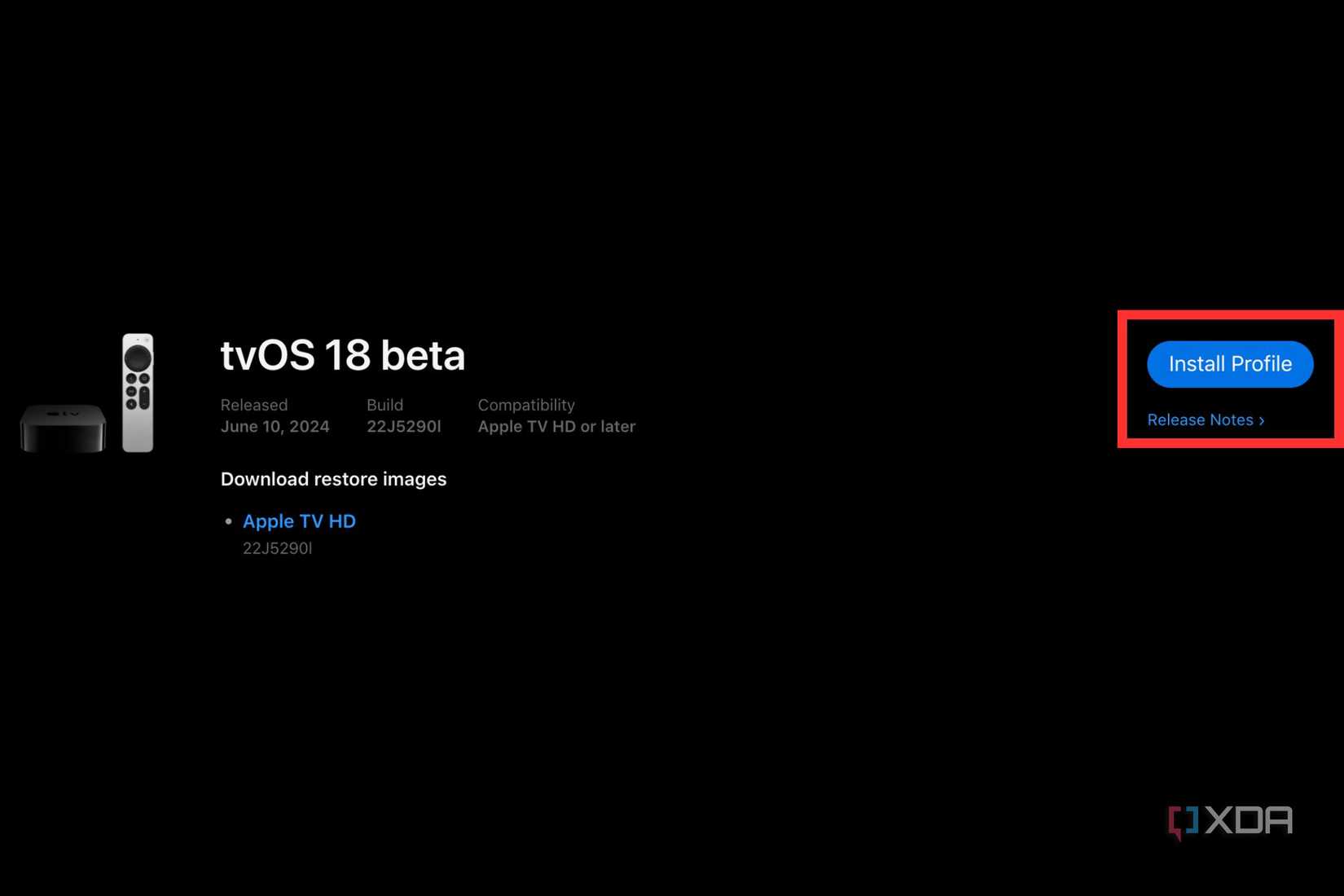 An image showing a highlighted Install Profile button next to tvOS 18 beta listing on Apple's Developer website.