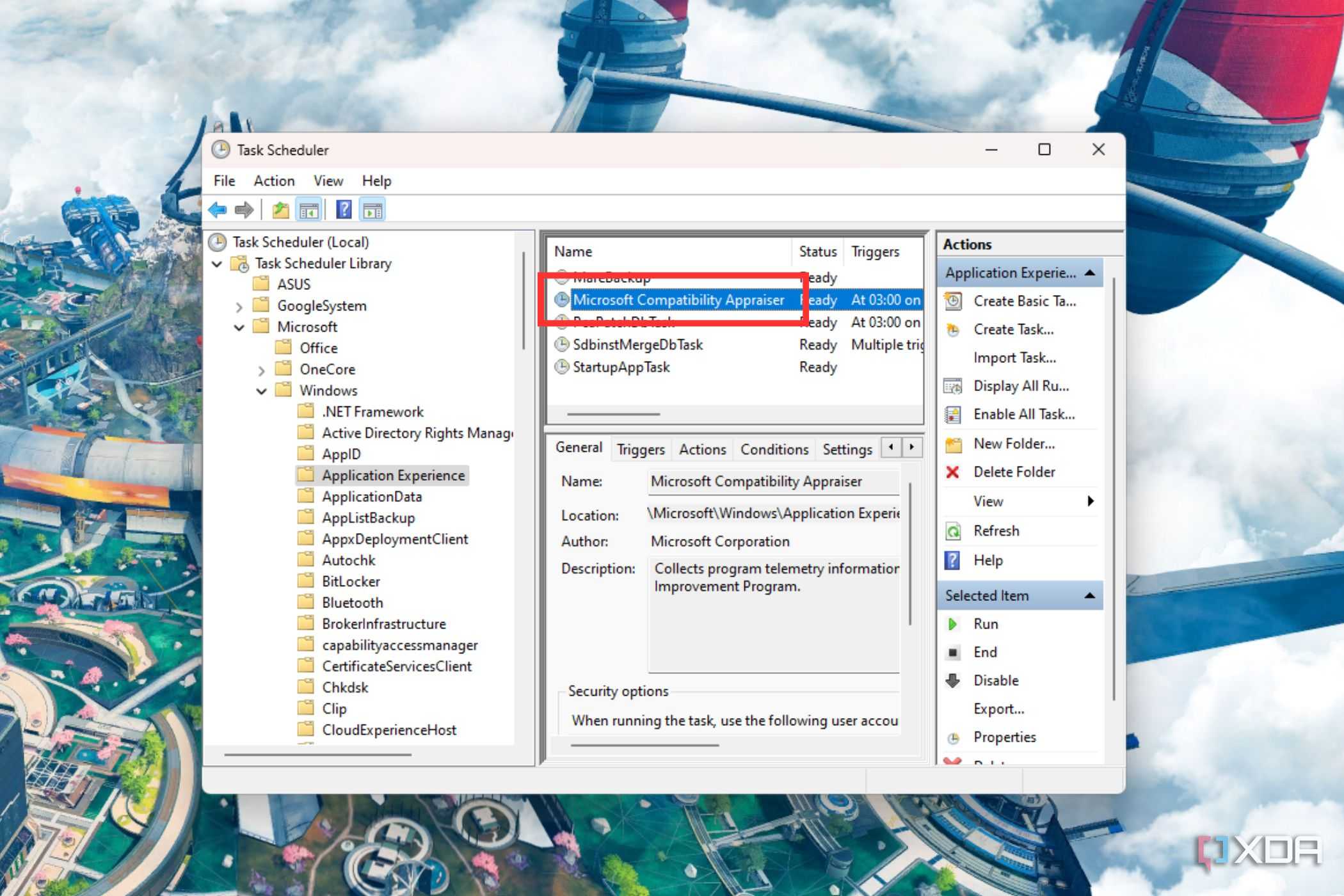 A screenshot showing the highlighted Microsoft Compatibility Appraiser option in Windows Task Scheduler.