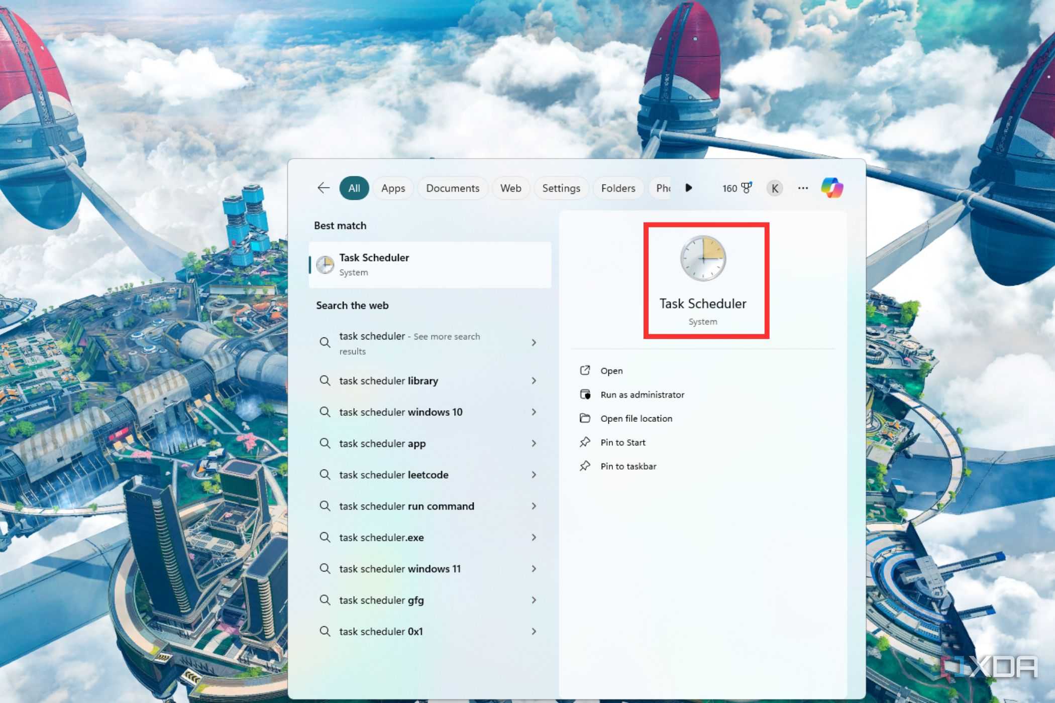 A screenshot showing the highlighted Task Scheduler app in Windows Start menu.