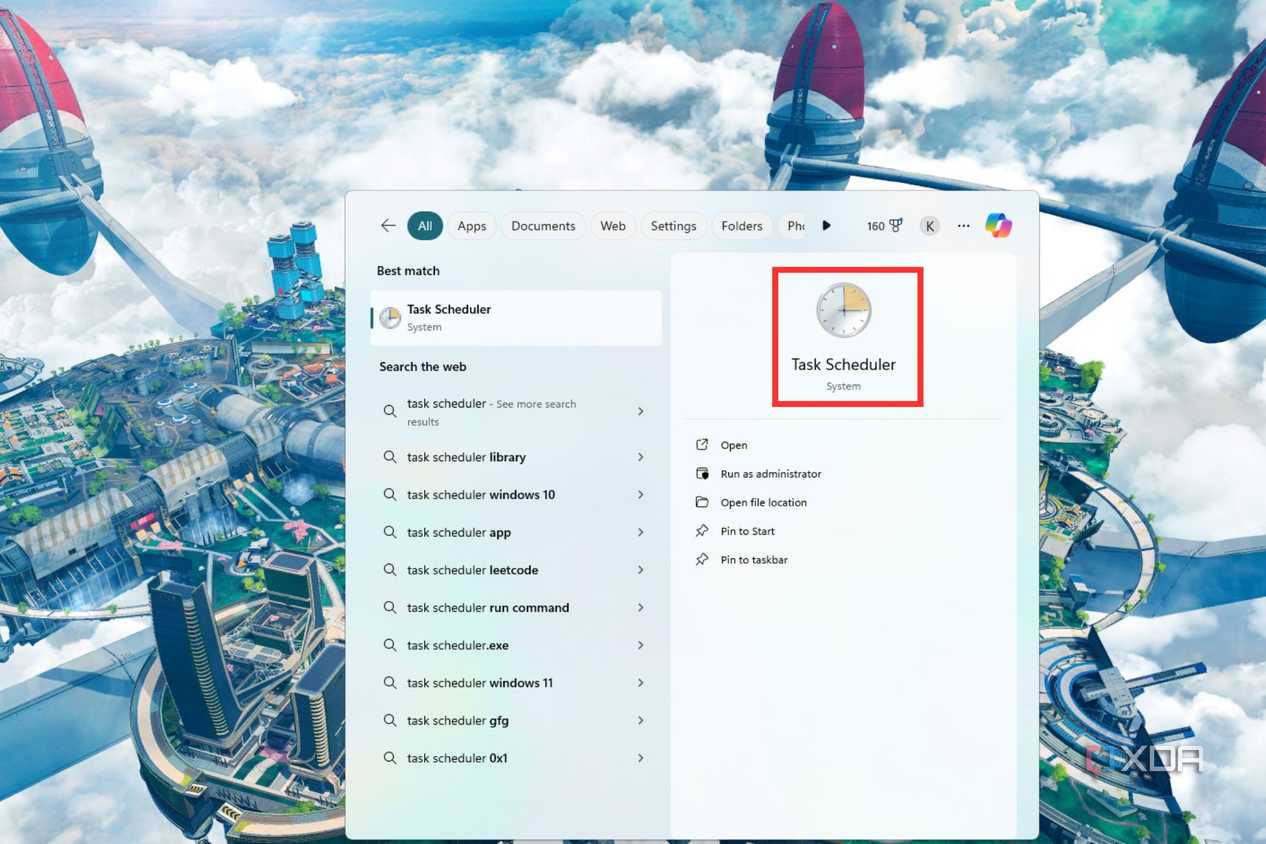 A screenshot showing the highlighted Task Scheduler app in Windows Start menu.