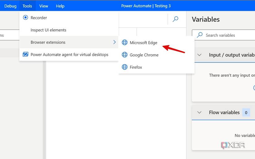 A screenshot showing tools menu in Power Automate