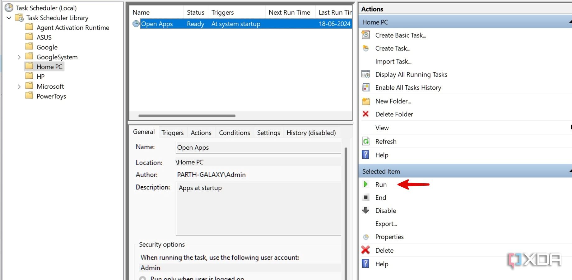 A screenshot showing run automation on Windows