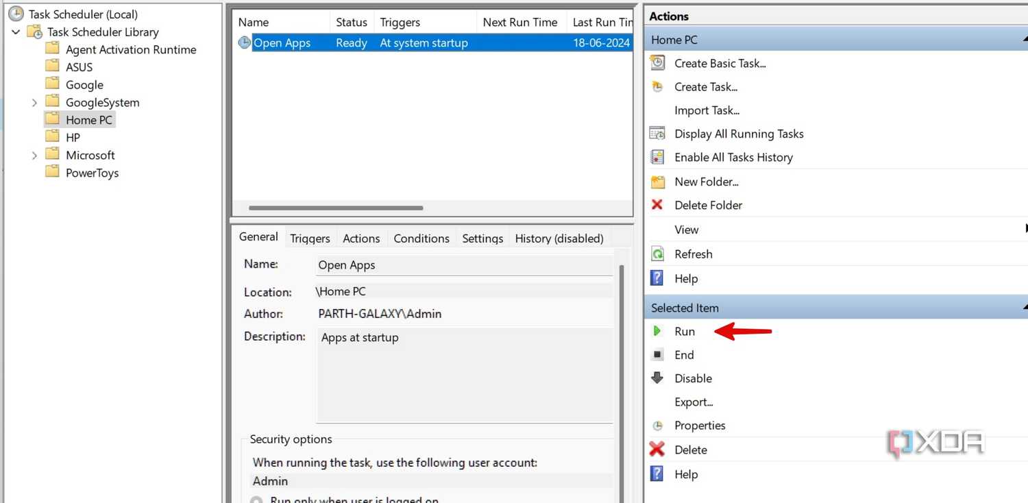 A screenshot showing run automation on Windows