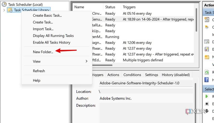 A screenshot showing creating new folder in Task Scheduler