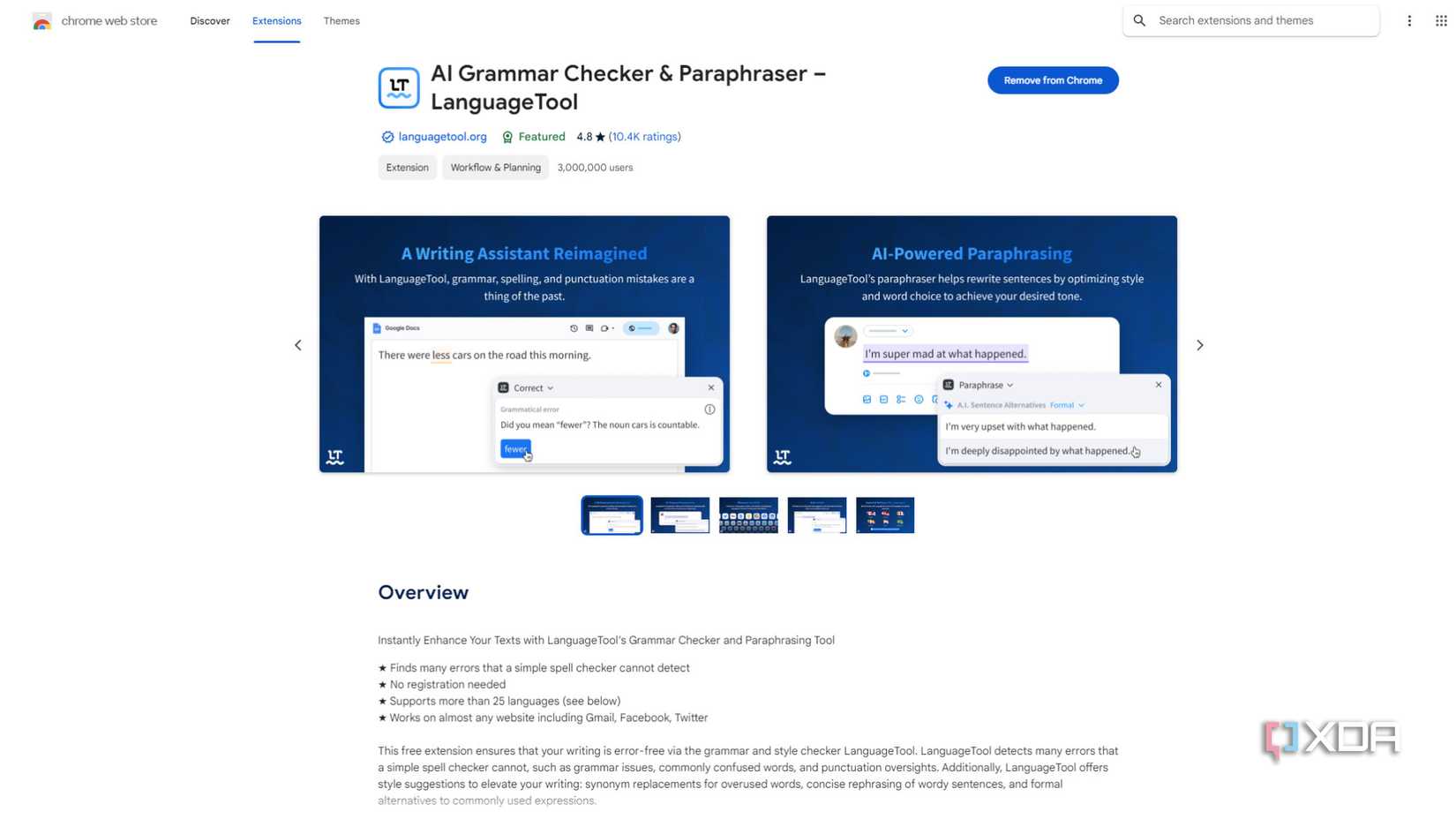 screenshot of chrome web store showing languagetool extension