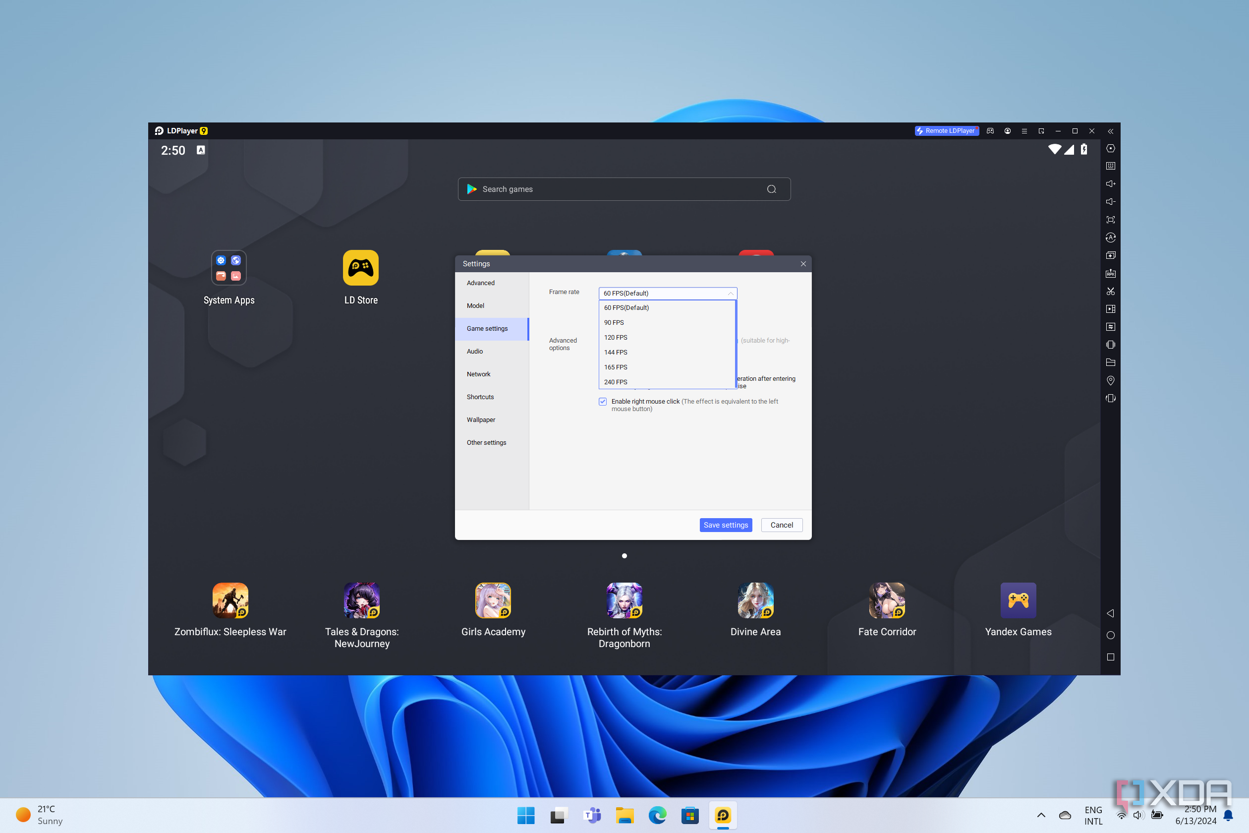 Screenshot of LDPlayer settings for frame rate