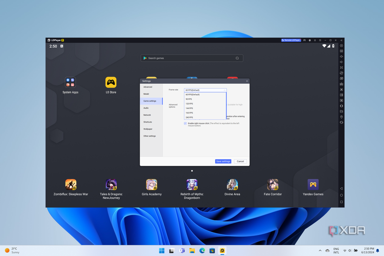 Screenshot of LDPlayer settings for frame rate