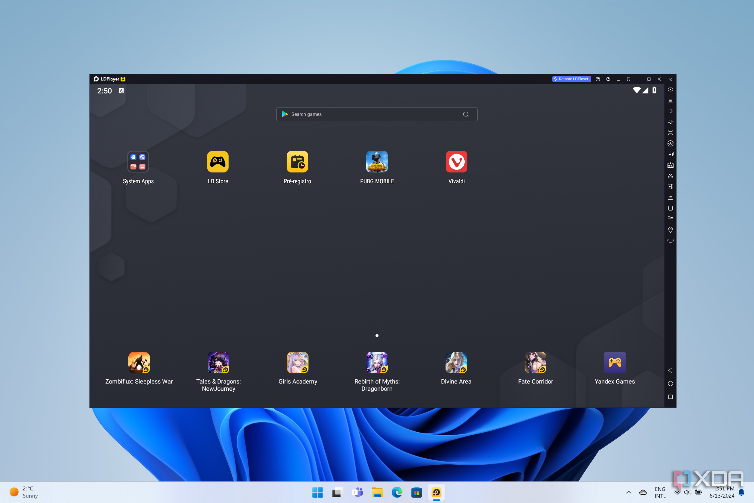 Screenshot of LDPlayer displaying the home screen