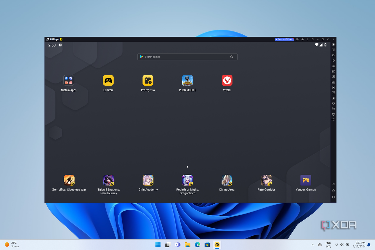 Screenshot of LDPlayer displaying the home screen