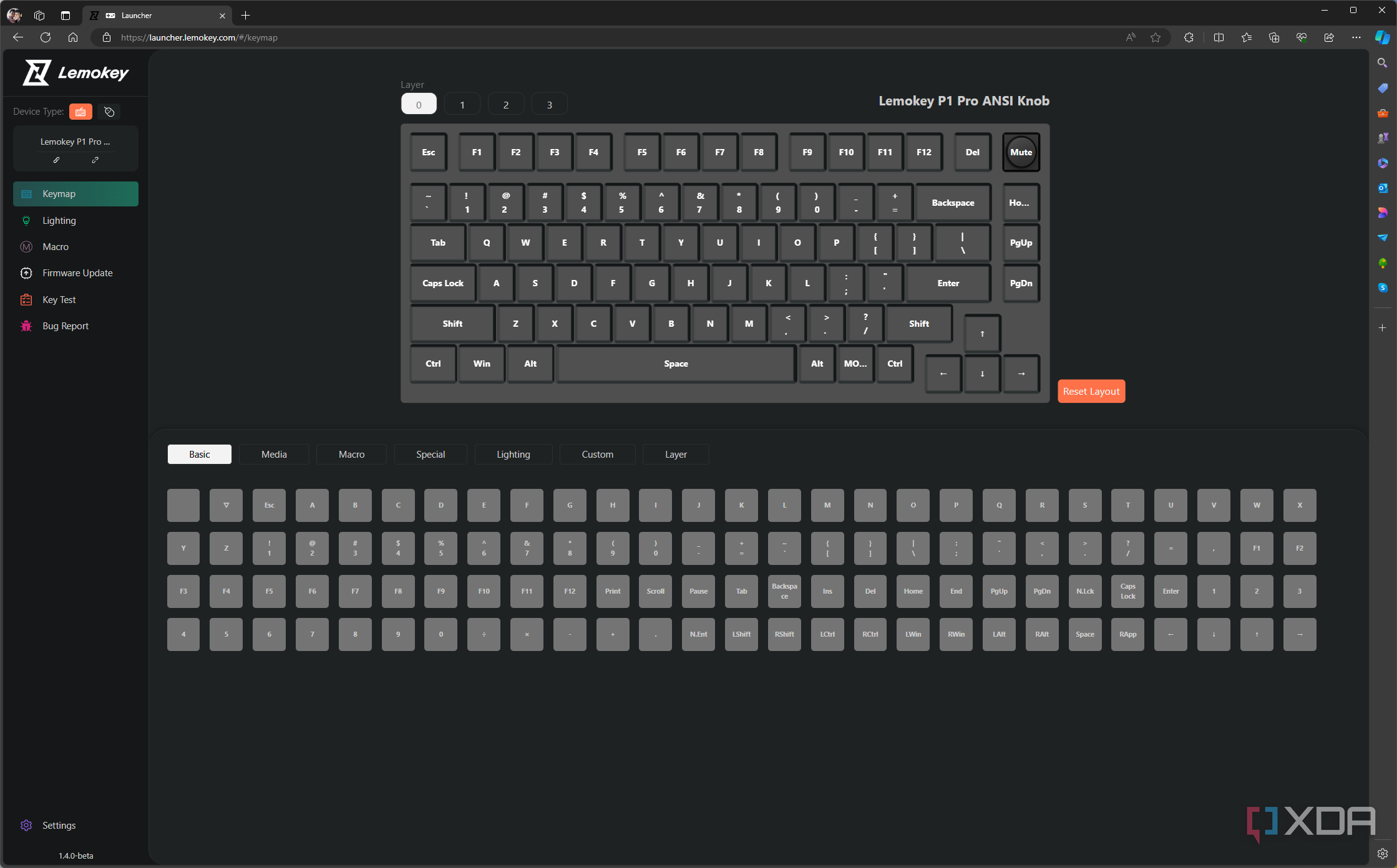 Key remap settings for the primary layer in the Lemokey Launcher software