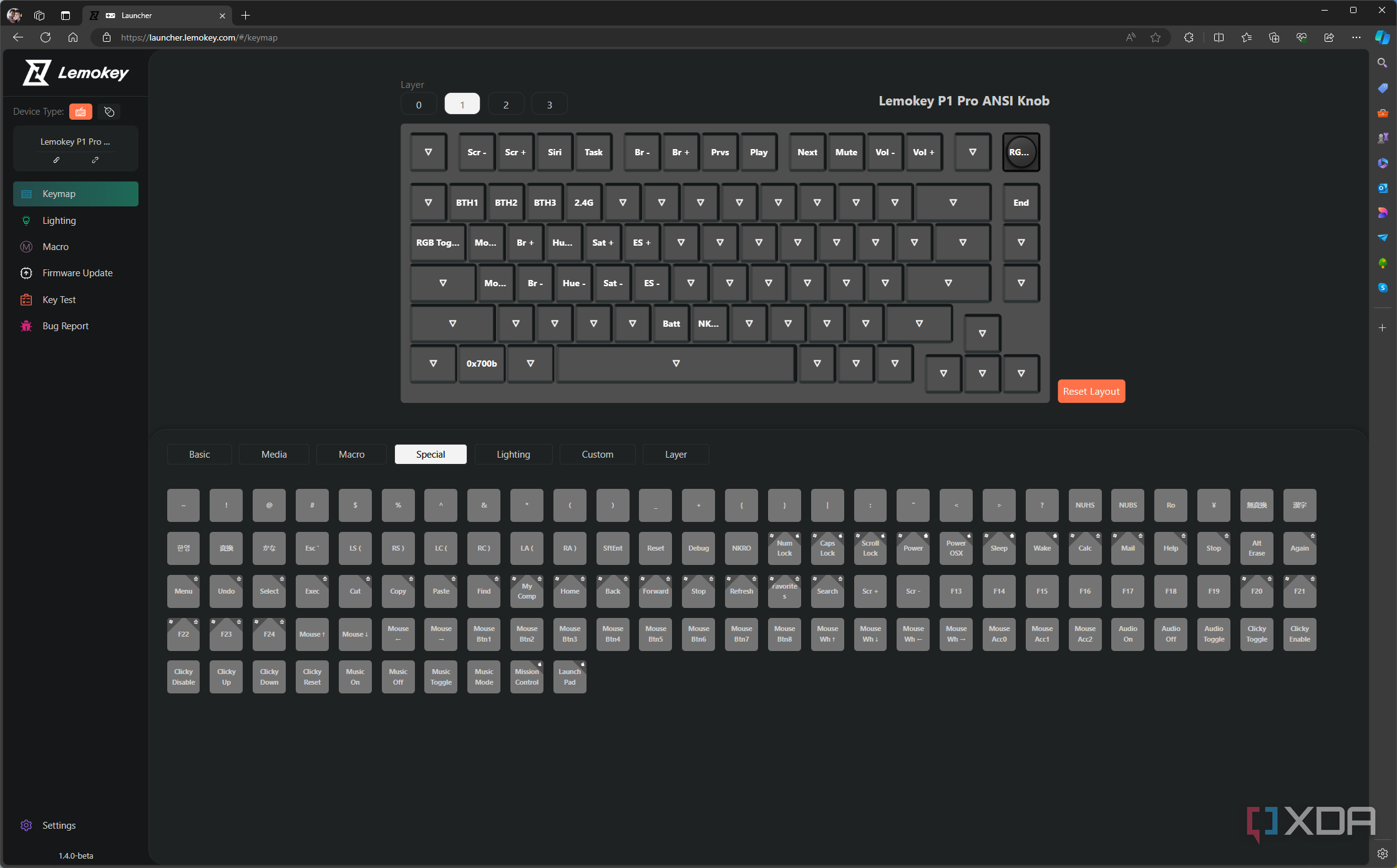 Key remap settings in the Lemokey launcher showing the secondary layer of actions